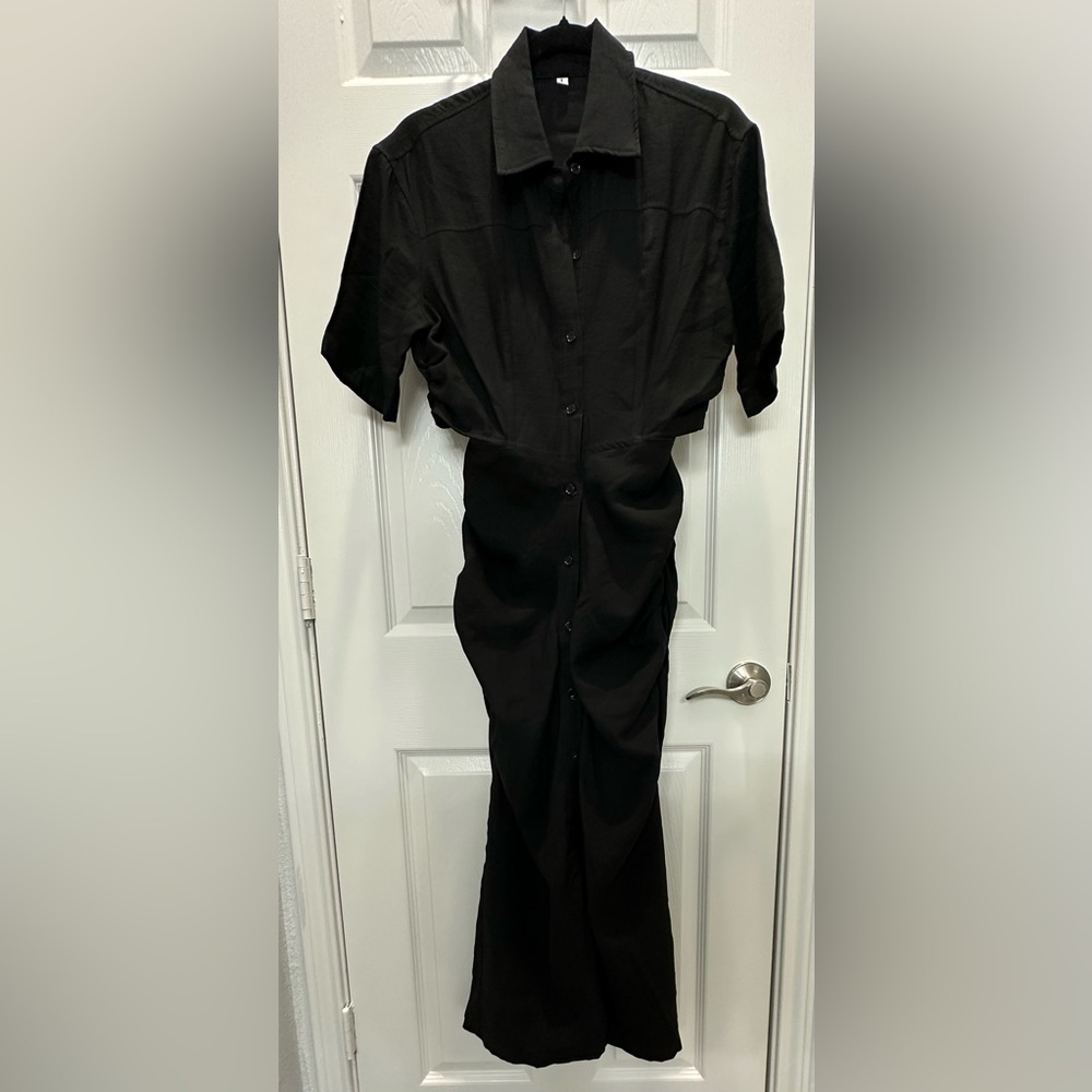 SHEIN Clasi Button Front Ruched Detail Cut Out Shirt Dress